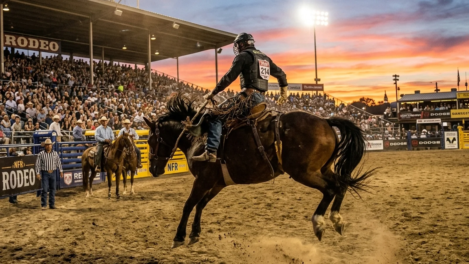 Twilight professional rodeo arena scene under lights for Las Vegas NFR guide